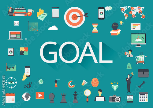 Word GOAL surrounding by concerning flat icons.