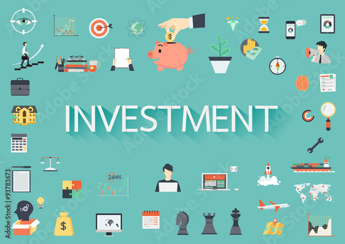 The word INVESTMENT surrounding by concerning flat icons
