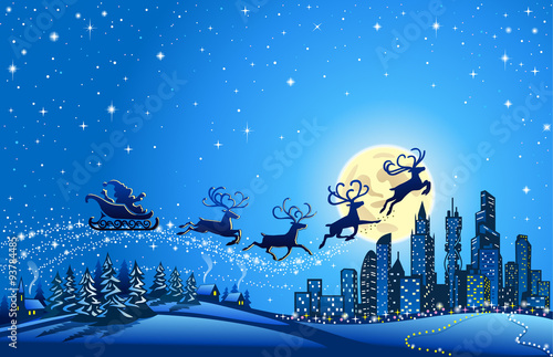 Christmas Santa Flying to the Big City