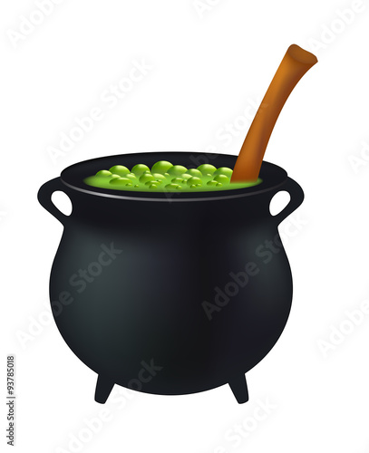 Witch cauldron with green potion, bubbling witches brew. Realistic Vector illustration isolated on white background.
