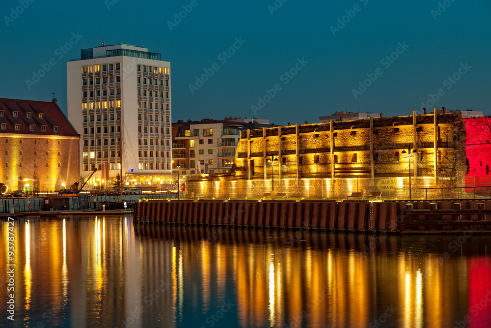 Marina at Motlawa river at night in Gdansk, Poland.