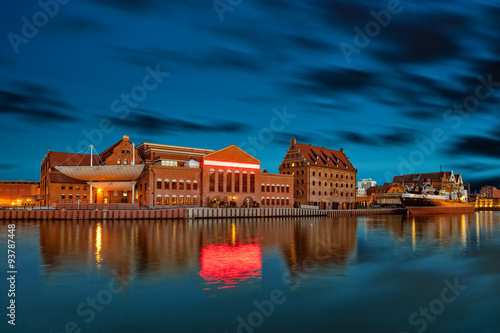 The riverside on Granary Island at night in Gdansk, Poland.