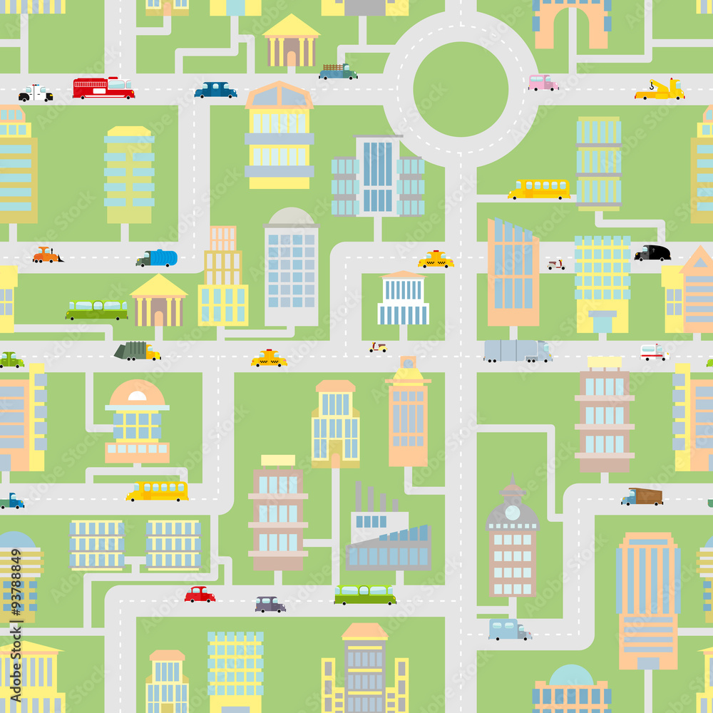 City seamless pattern. Modern metropolis with buildings, cars an