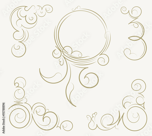 Set of unusual round vintage frames and decorative elements on b