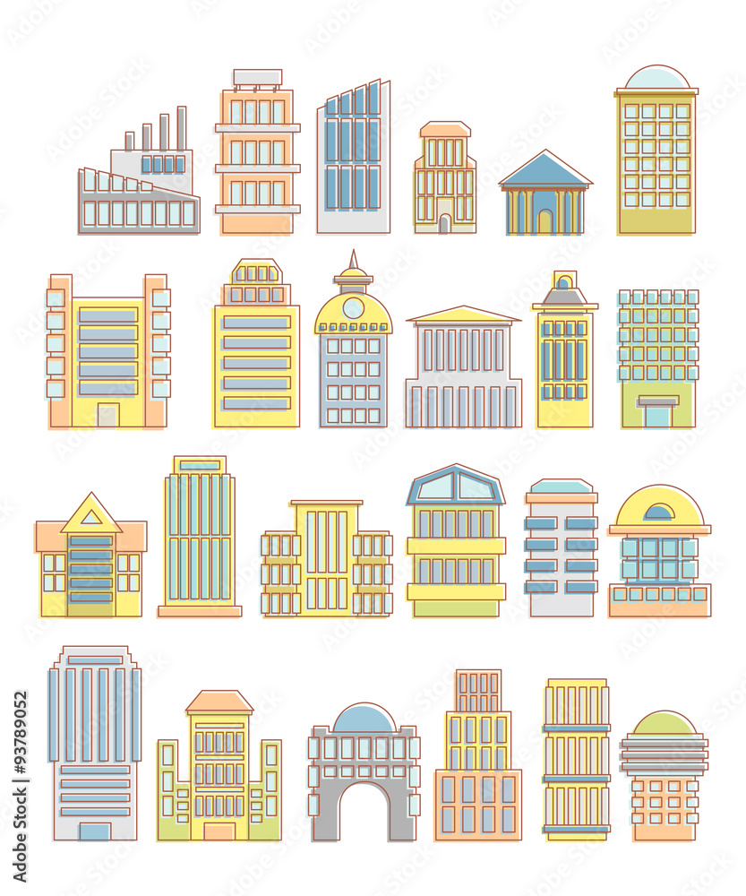 Collection of buildings, houses and architectural objects. Urban