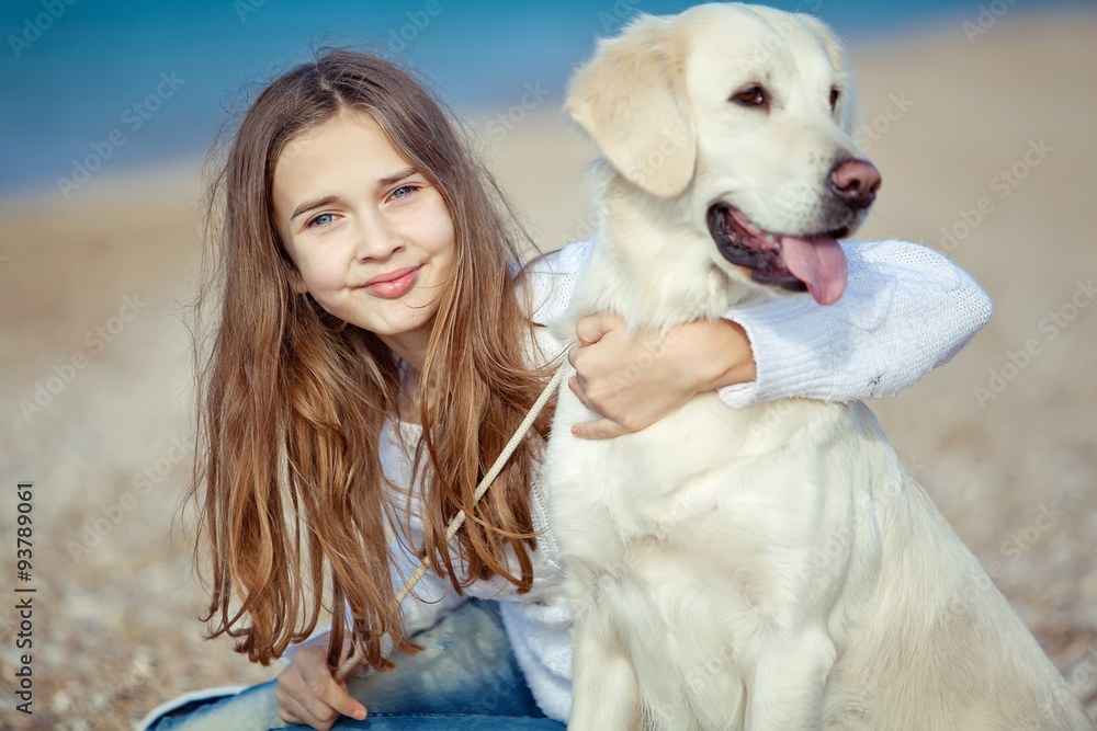 happy kid with her dog friend labrador happy kid with her dog friend labrador