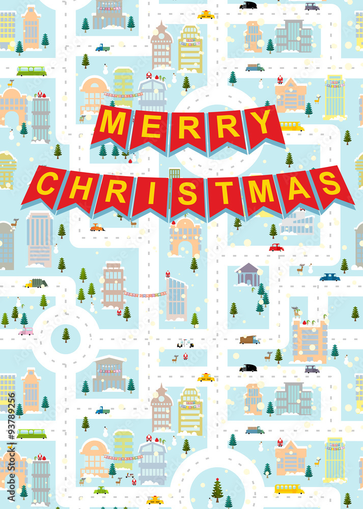 Merry Christmas. Greeting card winter city on eve of new year. G
