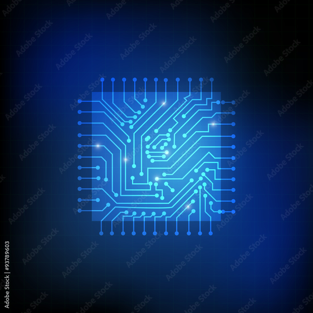 Vector : Square chip and electronic circuit on blue background Vector : Square chip and electronic circuit on blue background