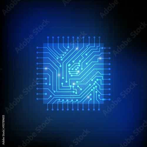 Vector : Square chip and electronic circuit on blue background