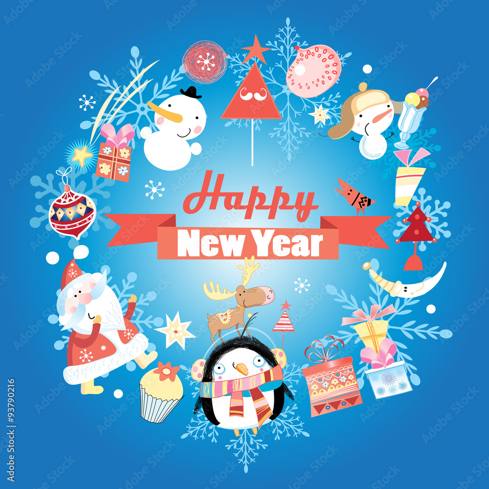 New year greeting card with snowman New year greeting card with snowman