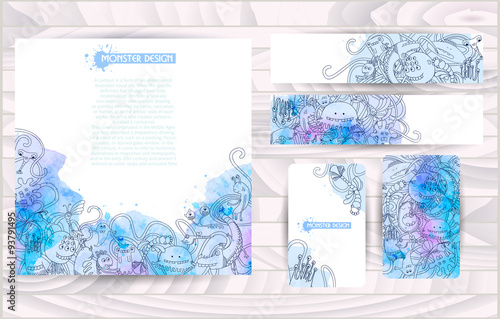 Template for corporate style. Design for your company. Abstract monsters and doodles. Watercolor background. Hand drawn. Cartoon design. Outline illustration.