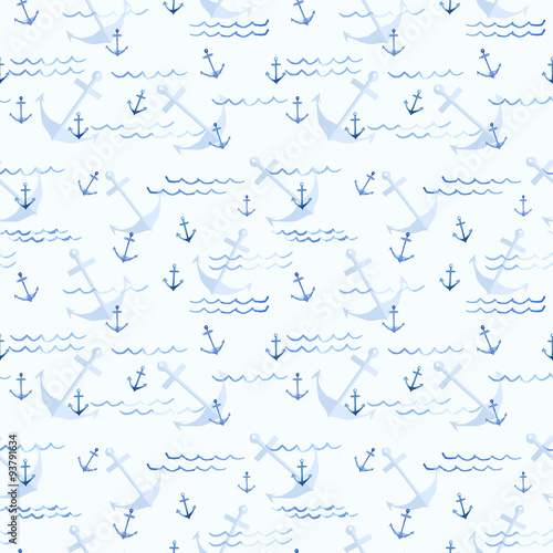 Seamless pattern. Anchor and blue lines. Watercolor illustration. 