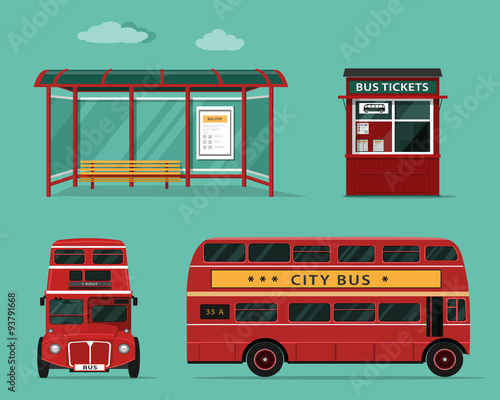 Flat style concept of public transport. Set of city bus with front and side view, bus stop, street bus ticket office. Isolated vector illustration