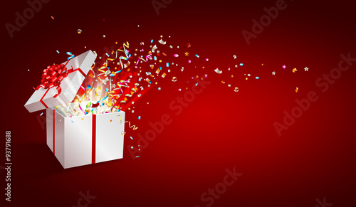Open gift with fireworks from confetti. Congratulations on holiday. Border design. Background for promotions and offers. Vector background.
