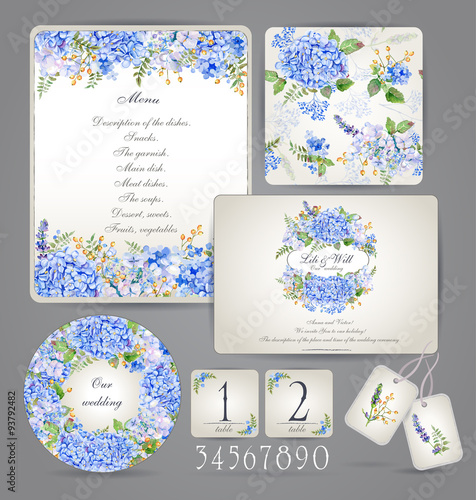 Set of templates for celebration, wedding. Blue flowers. Watercolor blue hydrangea, lavender, currant. Invitation card, letterhead, numbering for tables and different elements. 