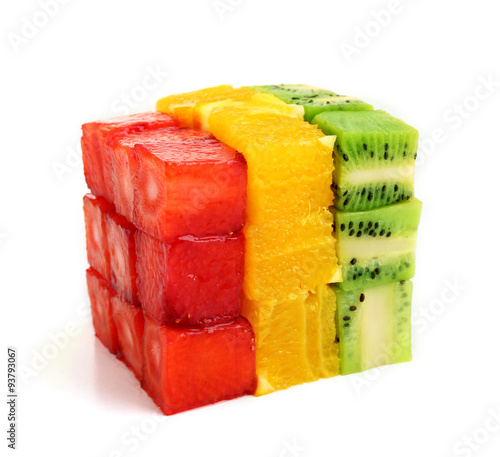 Cube formed from sliced fruits isolated on white