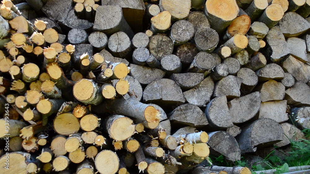 Firewood in the yard. Slow motion. Firewood in the yard. Slow motion.