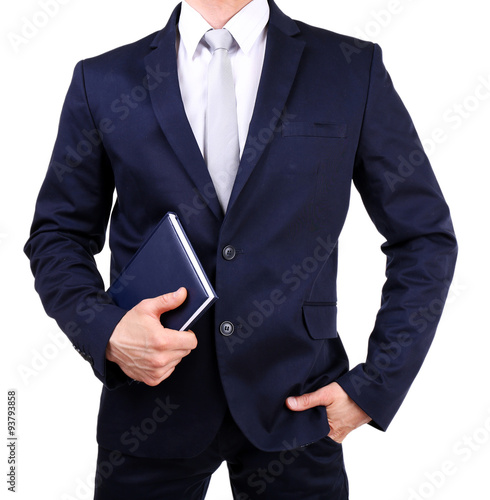 Elegant man in suit with notepad isolated on white