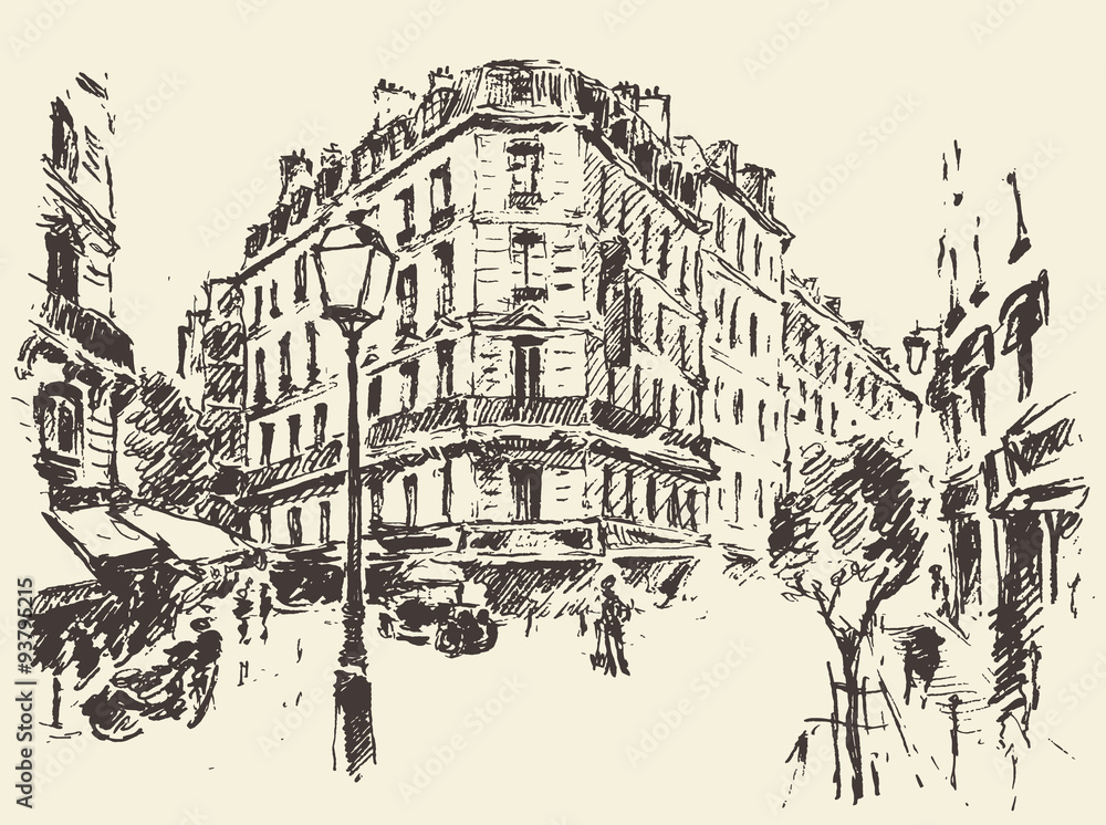 Streets Paris France vintage illustration drawn