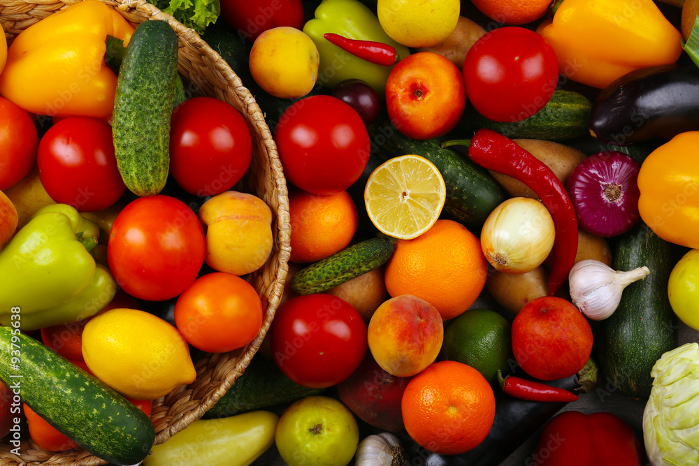 Heap of fresh fruits and vegetables close up Heap of fresh fruits and vegetables close up