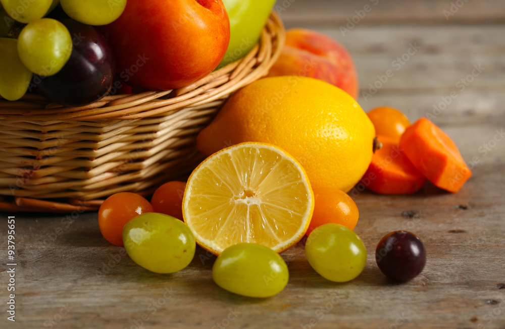 Heap of fresh fruits and vegetables in basket on wooden table close up Heap of fresh fruits and vegetables in basket on wooden table close up