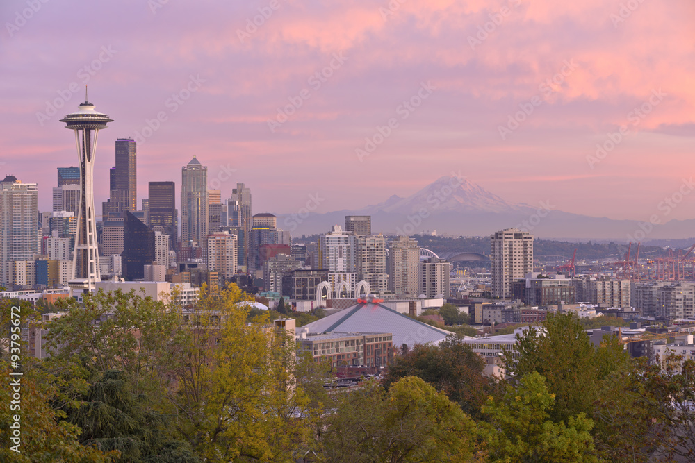 Seattle skyline at sunset Washington state.