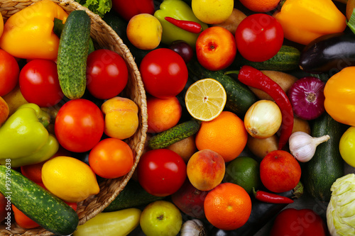 Heap of fresh fruits and vegetables close up