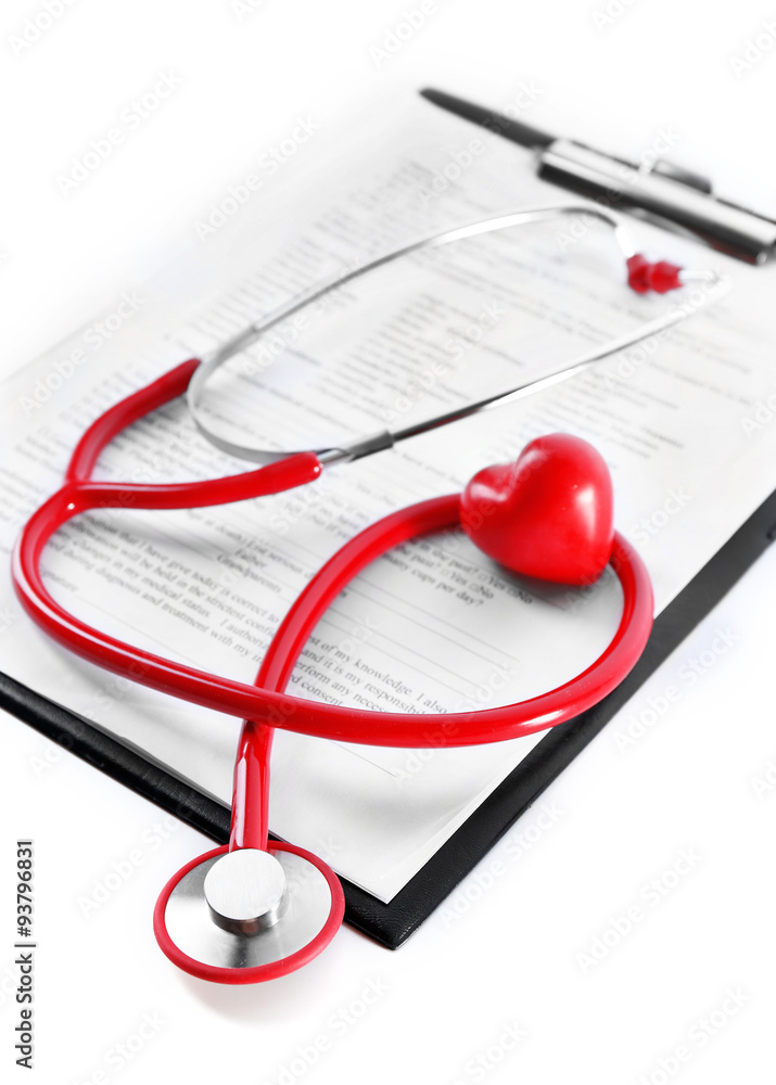red rubber stethoscope with plastic heart and medical history isolated on white red rubber stethoscope with plastic heart and medical history isolated on white
