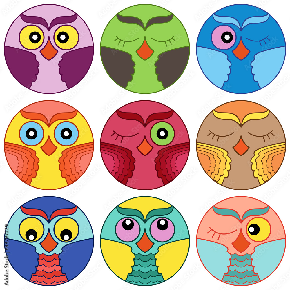 Nine cute owl faces in circle shapes Nine cute owl faces in circle shapes
