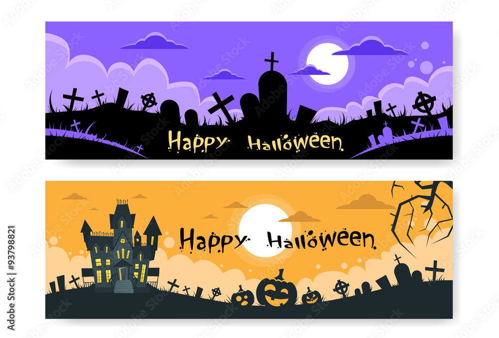 Halloween House Cemetery Graveyard Card Pumpkin Face Banner Flat