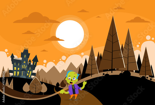 Halloween House Zombie Boy Scary Cartoon Character on Forest