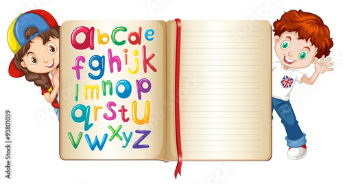 Boy and girl behind a book