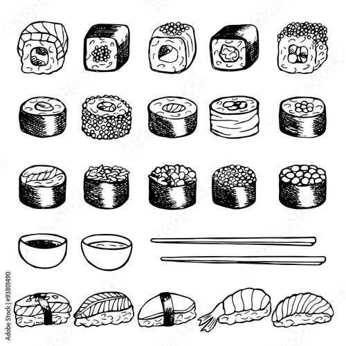 Hand drawn doodle set with sushi