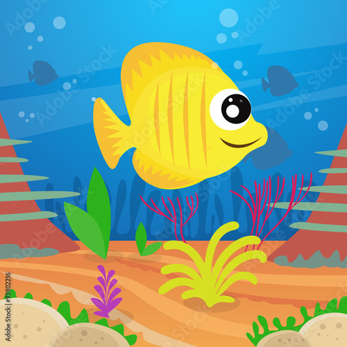 Yellow Cartoon Colorful Fish Under Deep Water Marine Ocean