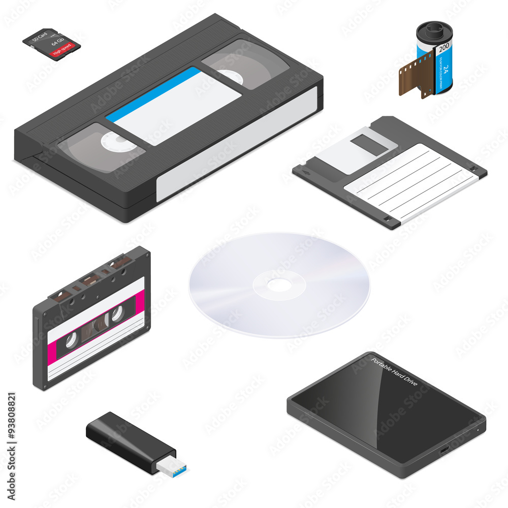 Obraz premium Storage media actual size proportions detailed isometric icon set