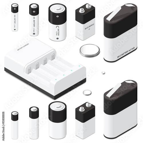 Battery and battery charger isometric icon set