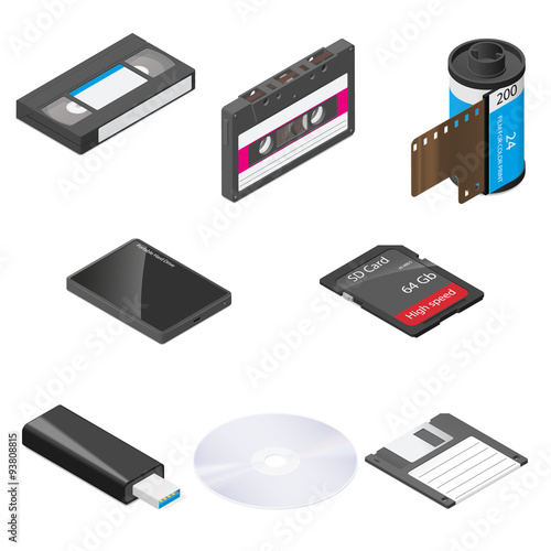 Storage media detailed isometric icon set