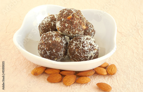 Ragi laddu, an Indian sweet dish made from ragi or finger millet flour. photo