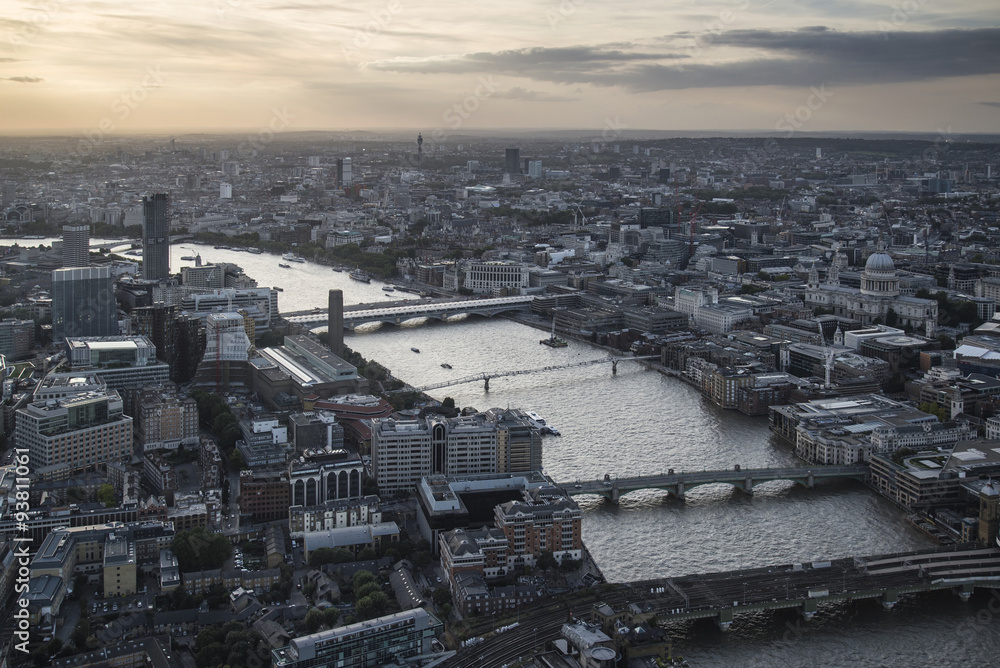London city aerial view over skyline with dramatic sky and landm - obrazy, fototapety, plakaty 