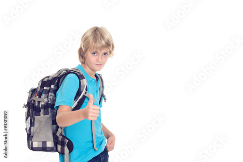 boy with satchel and thumb up in front of white background
