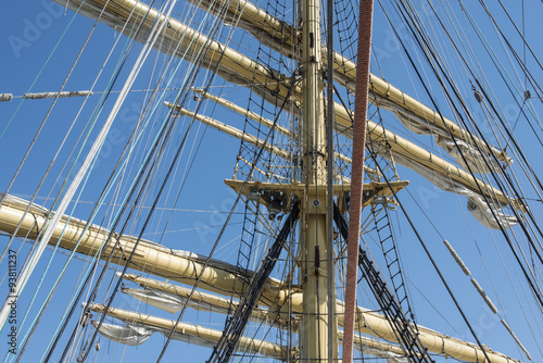 Old sailing ship masts sails and rigging