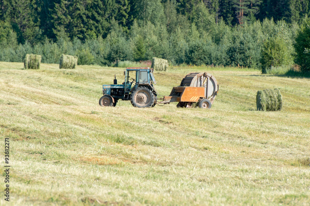 Obraz premium Tractors mow grass and packed