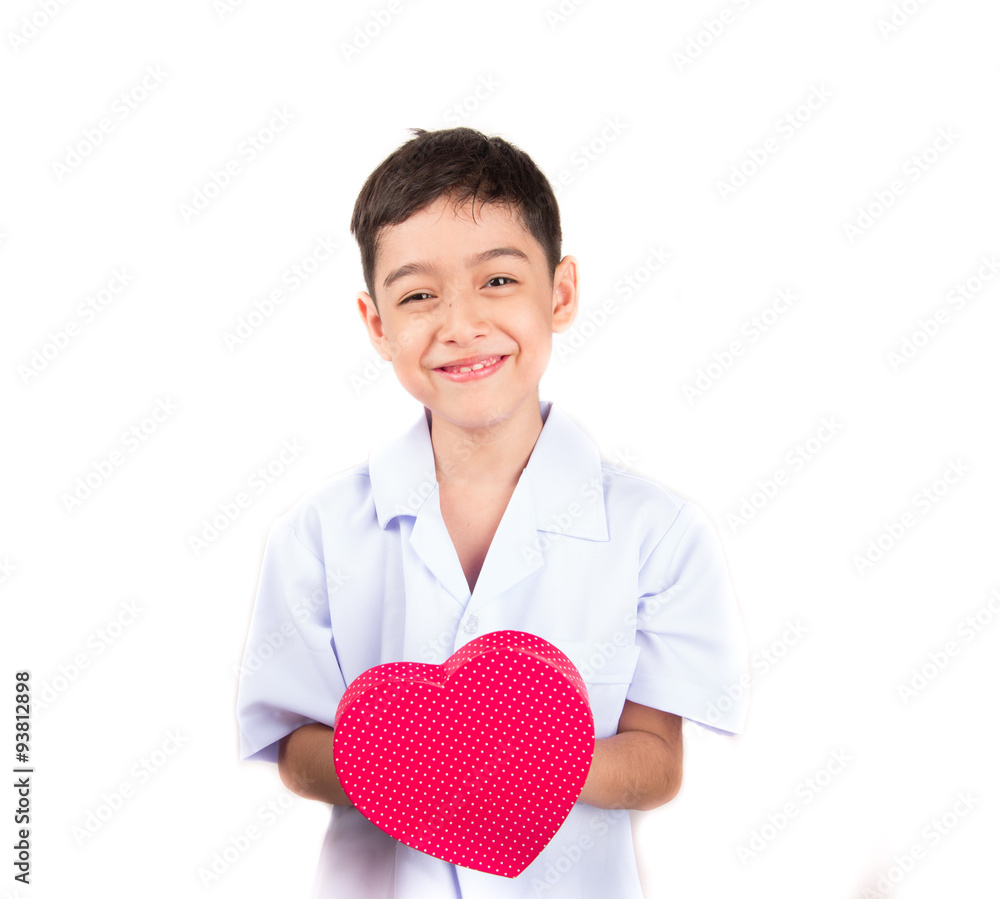 Little boy taking heart shape pretent as doctor on white background Little boy taking heart shape pretent as doctor on white background