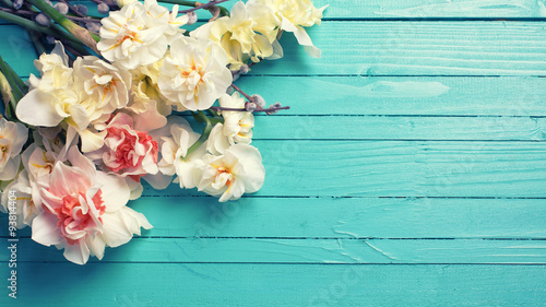 Fototapeta Naklejka Na Ścianę i Meble -  Fresh  spring yellow  daffodils or narcissus and willow flowers