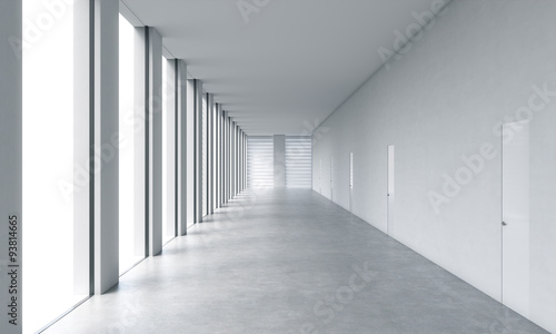 Fototapeta Naklejka Na Ścianę i Meble -  Empty modern bright clean interior of an open space office. Huge panoramic windows with white copy space and white walls. A concept of luxury space for legal services. 3D rendering.
