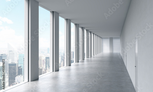 Empty modern bright clean interior of an open space office. Huge panoramic windows with New York view. A concept of luxury space for legal or wealth management office. 3D rendering.