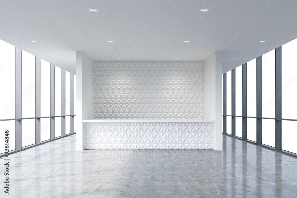 Fototapeta premium A reception area in a modern bright clean office interior. Huge panoramic windows with white copy space. A concept of boutique consulting services. 3D rendering.