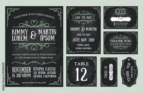 Vintage wedding invitation chalkboard design sets include Invitation card, Save the date, RSVP card, Thank you card, Table number, Gift tags, Place cards, Respond card.