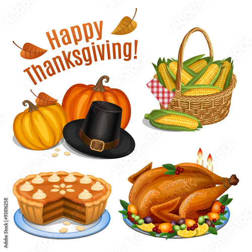 Set of cartoon icons for thanksgiving dinner