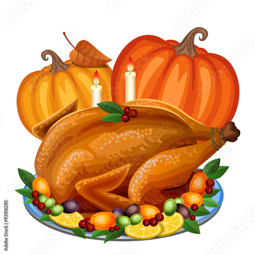 Thanksgiving Turkey on platter with garnish and orange pumpkin